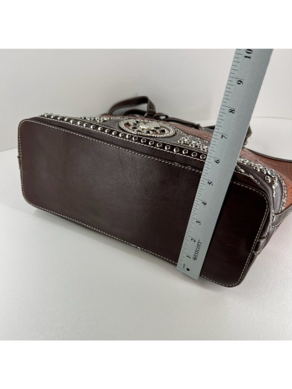 Silverake Shoulder Tote Bag Fleur De Lis Rhinestone Studded Croc Textured Brown - Picture 10 of 16